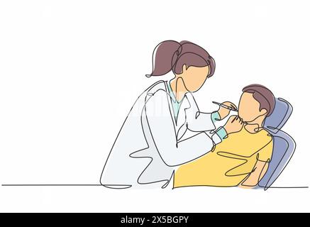 Single continuous line drawing of young happy female dentist examining boy patient condition at dental clinic. Medical health care service workers con Stock Vector