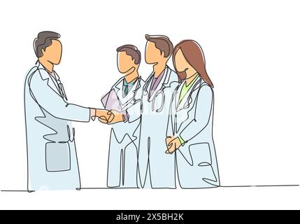 One continuous single line drawing of hospital head giving congratulate handshake to group of doctors for the achievements. Medical award concept sing Stock Vector