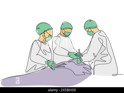 Single continuous single line drawing group of team surgeon doctor doing surgery to the critical patient at surgical operation room. Medical surgery c Stock Vector