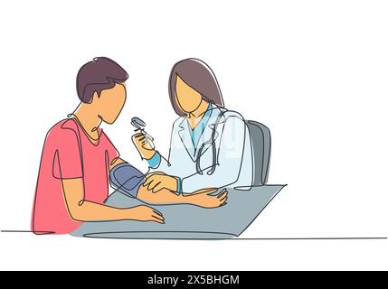 One continuous single line drawing of young female doctor check the patient's blood pressure and pulse rate at hospital. Medical check up healthcare c Stock Vector
