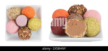 A variety of different truffles in a ceramic bowl Isolated on a white background. Top view. Flat lay Stock Photo