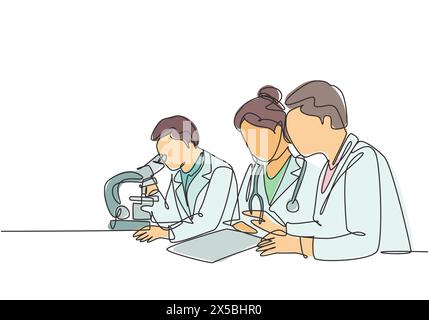 One continuous line drawing of doctor analyze infected patient blood sample using laboratory microscope to find covid vaccine. Coronavirus medical res Stock Vector
