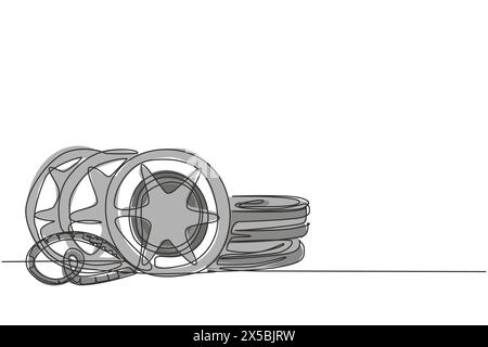 Single continuous line drawing stack of retro old classic film video reels. Vintage movie filmstrip item concept one line draw graphic design vector i Stock Vector