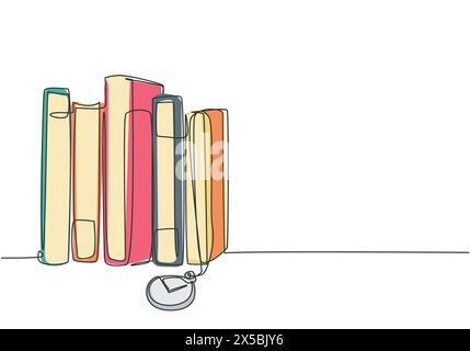One single line drawing stack of retro old classic books line with pocket analog watch hanging. Vintage library item concept continuous line draw desi Stock Vector