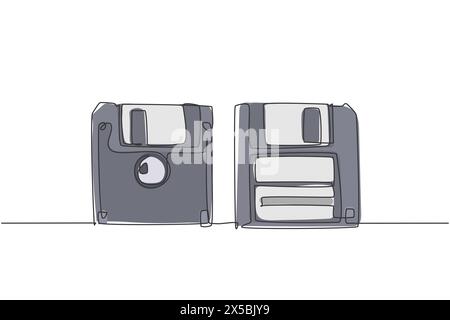 One single line drawing of retro old classic 3.5 inch floppy disk front and back side. Vintage file storage diskette item concept continuous line grap Stock Vector