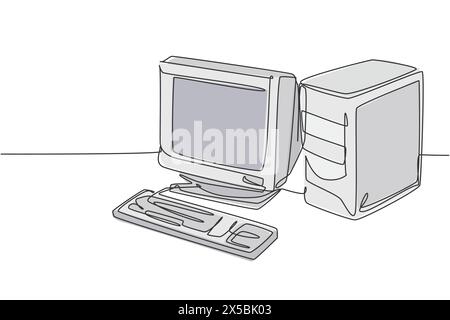 Single continuous line drawing of of retro old classic personal computer processor unit. Vintage cpu with analog monitor and keyboard item concept one Stock Vector