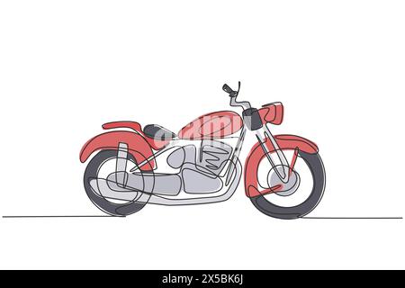 Single continuous line drawing of old classic vintage chopper motorcycle symbol. Retro motorbike transportation concept one line draw design graphic v Stock Vector