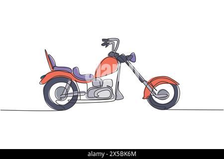 One single line drawing of old retro vintage chopper motorcycle. Vintage motorbike transportation concept continuous line graphic draw design vector i Stock Vector