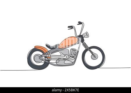 One continuous line drawing of retro old vintage chopper motorcycle icon. Classic motorbike transportation concept single line draw design vector grap Stock Vector