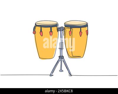 One continuous line drawing of traditional african ethnic drum, bongo. Percussion music instruments concept. Dynamic single line draw graphic design v Stock Vector