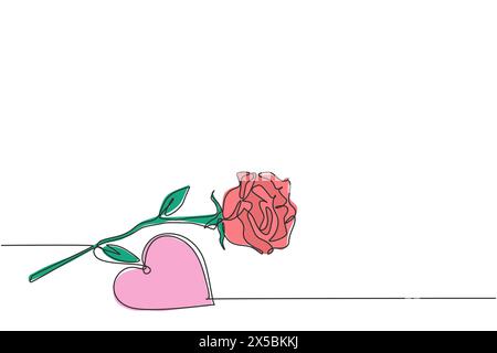 One continuous line drawing of fresh romantic beautiful rose flower and heart shape greeting card. Trendy invitation, logo, banner, poster concept sin Stock Vector