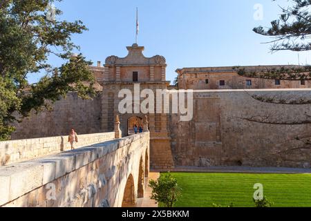 Mdina, Malta - August 22, 2019: Mdina Gate, also known as the Main Gate or the Vilhena Gate, is the main gate into the fortified city of Mdina.  It wa Stock Photo