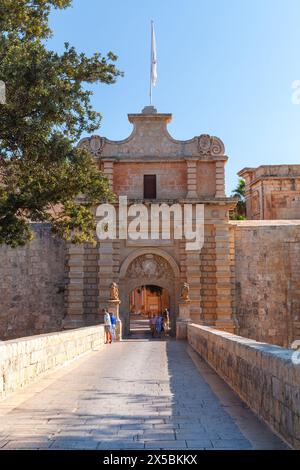 Mdina, Malta - August 22, 2019: Mdina Gate, also known as the Main Gate or the Vilhena Gate, is the main gate into the city of Mdina.  It was built in Stock Photo