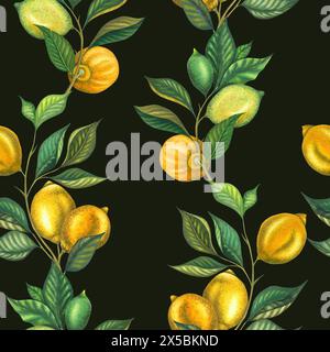 Watercolor seamless pattern with lemon branches and lime branch with leaves and green lemon. Hand painted yellow fruits isolated on black background. Stock Photo