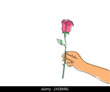 One continuous line drawing of hand holding beautiful romantic fresh rose flower. Modern greeting card, invitation, logo, banner, poster concept singl Stock Vector