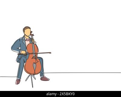 One single line drawing of young happy male cellist performing to play cello on classical orchestra theater. Musician artist performance concept conti Stock Vector