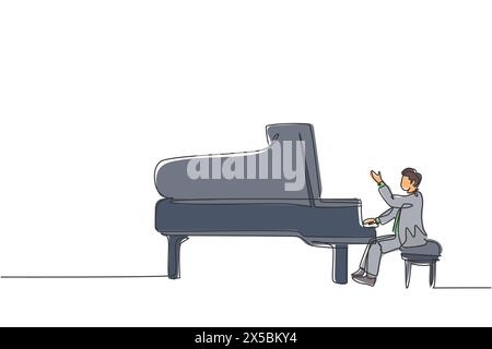 One single line drawing of young happy male pianist playing classic grand piano on music concert festival stage. Musician artist performance concept c Stock Vector