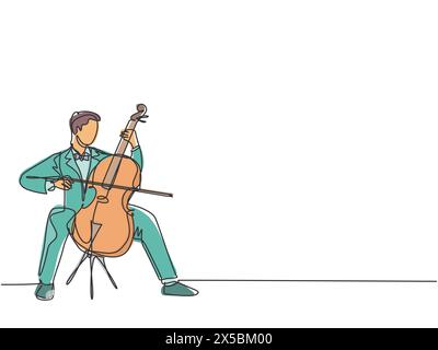 One single line drawing of young happy male cellist performing to play cello on classical orchestra concert. Musician artist performance concept conti Stock Vector