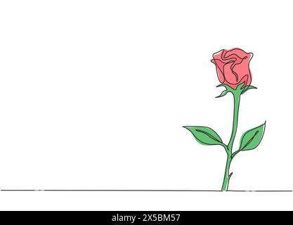 Single continuous line drawing of fresh romantic beautiful rose flower. Greeting card, invitation, logo, banner, poster concept. Trendy one line draw Stock Vector