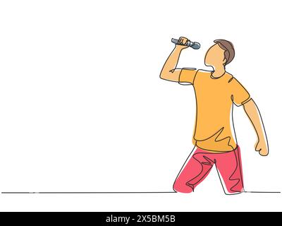 One single line drawing of young happy male rocker singer holding microphone and singing on music concert stage. Musician artist performance concept c Stock Vector