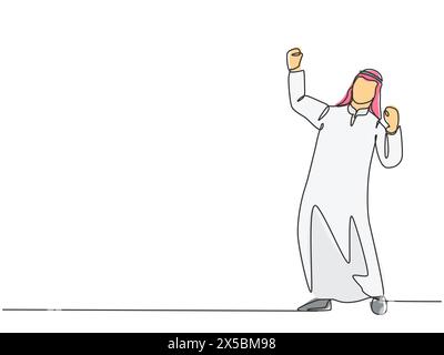 One single line drawing of young happy muslim manager celebrating his work success. Saudi Arabian employee with shmag, kandora, headscarf, thobe ghutr Stock Vector