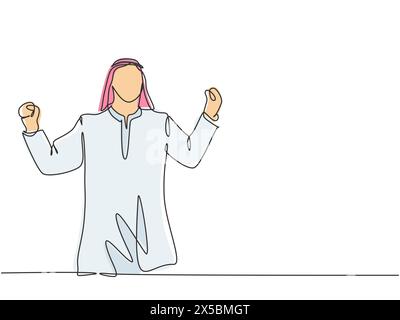 One single line drawing of young happy muslim junior manager raise hands to celebrate the success. Saudi Arabian with shmag, kandora, headscarf, thobe Stock Vector