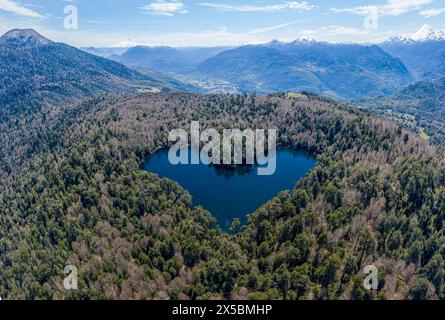 Heart-shaped lake Laguna Corazon, near Liquine, aerial view, Chile Stock Photo