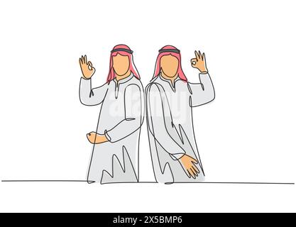 One single line drawing of young happy muslim employees give OK alright hands gesture. Saudi Arabian businessmen with shmag, headscarf, thobe, ghutra. Stock Vector