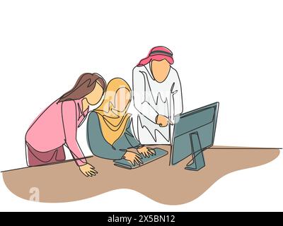 One single line drawing of young muslim employees discussing business proposal with colleagues. Saudi Arabia cloth kandora, headscarf, thobe hijab. Co Stock Vector