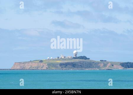 View of Pillar Point Air Force Station from Half Moon Bay State Beach; Half Moon Bay, California, USA Stock Photo