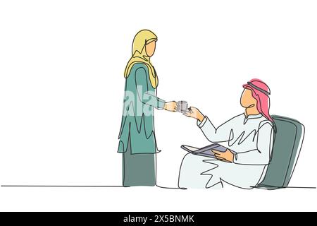 Single continuous line drawing of young wife muslimah giving a cup of coffee to her muslim husband. Romantic saudi arabian islamic couple with kandora Stock Vector