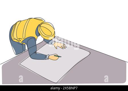Single continuous line drawing of young architect draw sketch draft construction design on drawing table. Building architecture business concept. One Stock Vector