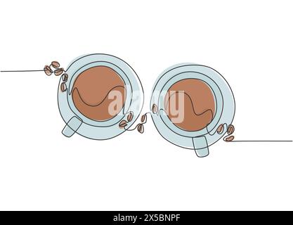 Single continuous line drawing of two cups of coffee with coffee beans and leaf from top view. Coffee drink concept display for coffee shop. One line Stock Vector