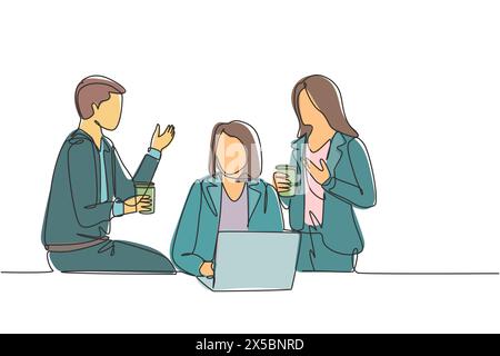 One single line drawing of young male and female human resource managers discussing about recruiting new team member workers. Continuous line draw des Stock Vector