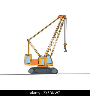 One continuous line drawing of crane truck for building construction, business commercial vehicles. Heavy construction trucks equipment concept. Dynam Stock Vector