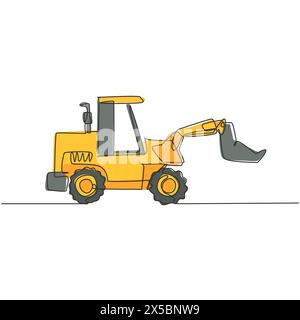 One continuous line drawing of bulldozer for digging soil, commercial vehicle. Heavy backhoe construction trucks equipment concept. Dynamic single lin Stock Vector