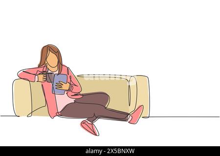 One continuous line drawing of young businesswoman lying down on the sofa while reading book and holding a cup of coffee drink. Drinking tea concept s Stock Vector