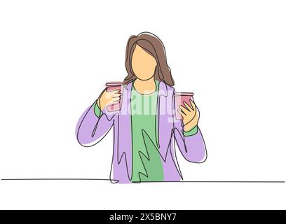 One single line drawing of young beauty female office employee holding two cup paper of coffee drink to her work partner. Drinking tea concept continu Stock Vector