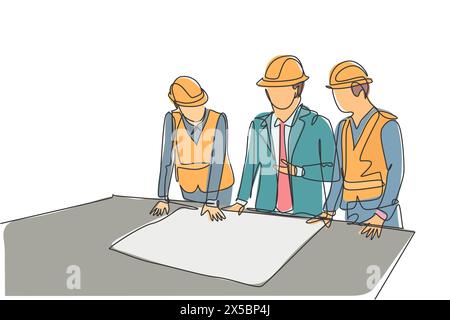 One continuous line drawing team of young architects presenting construction sketch draft blueprint design to manager. Building architecture business Stock Vector