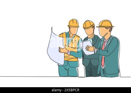 One continuous line drawing of young architect, manager and engineer meeting at building construction site. Building architecture business concept. Si Stock Vector