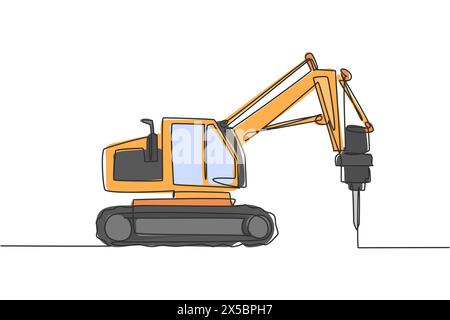 One single line drawing of truck driller for soil earth drilling vector illustration, commercial vehicle. Heavy digger machine construction concept. M Stock Vector