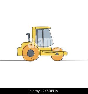 One continuous line drawing of metal roller vehicle for paving the road, commercial vehicle. Heavy construction trucks equipment concept. Dynamic sing Stock Vector