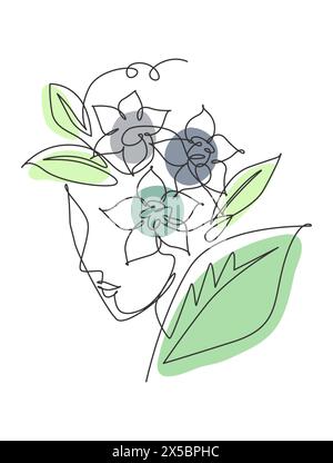 One continuous line drawing minimalist beauty nature cosmetic hairstyle. Flower bouquet in woman head abstract face concept. Wall decor print. Single Stock Vector