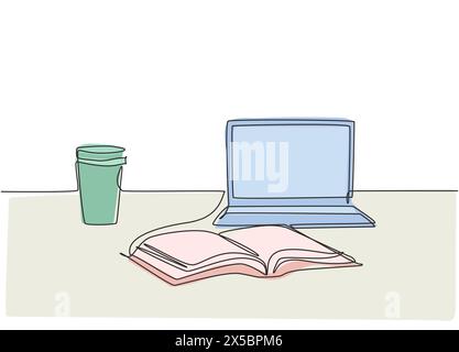 Single continuous line drawing of computer laptop, paper cup of coffee and open book on study table. College student study desk concept. One line draw Stock Vector