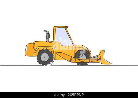 One continuous line drawing of bulldozer for paving and digging the road, commercial vehicle. Heavy construction trucks equipment concept. Dynamic sin Stock Vector