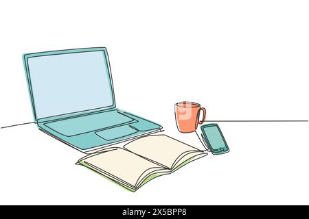 One single line drawing of computer laptop, smartphone and a cup of coffee and at business office desk. Work space table concept. Continuous line draw Stock Vector