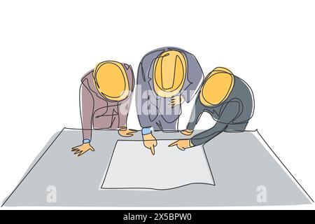 One single line drawing of young architects and manager meeting at construction site to discuss draft blueprint design. Building architecture business Stock Vector