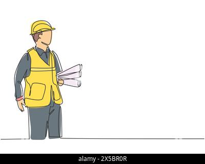 One continuous line drawing of young architect holding roll papers of draft sketch blueprint design. Building architecture business concept. Single li Stock Vector
