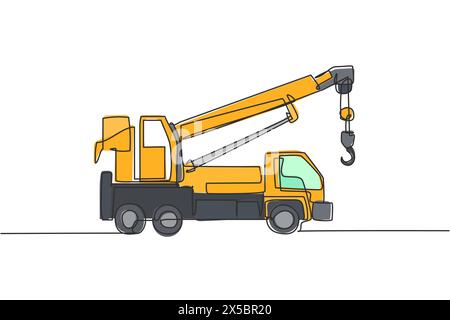 Single continuous line drawing of crane truck for building construction, business commercial vehicles. Heavy transportation machines equipment concept Stock Vector