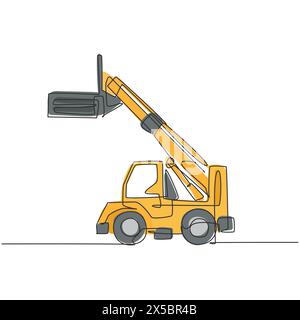 Single continuous line drawing of forklift for loading goods in warehouse, commercial vehicle. Heavy loader machines equipment concept. Trendy one lin Stock Vector